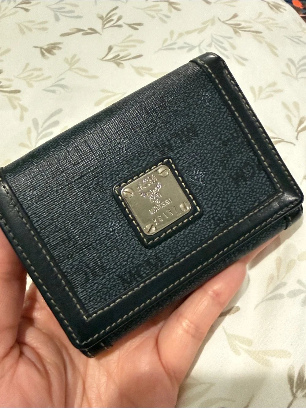 MCM Black Signature Compact Wallet with Silver Plaque
